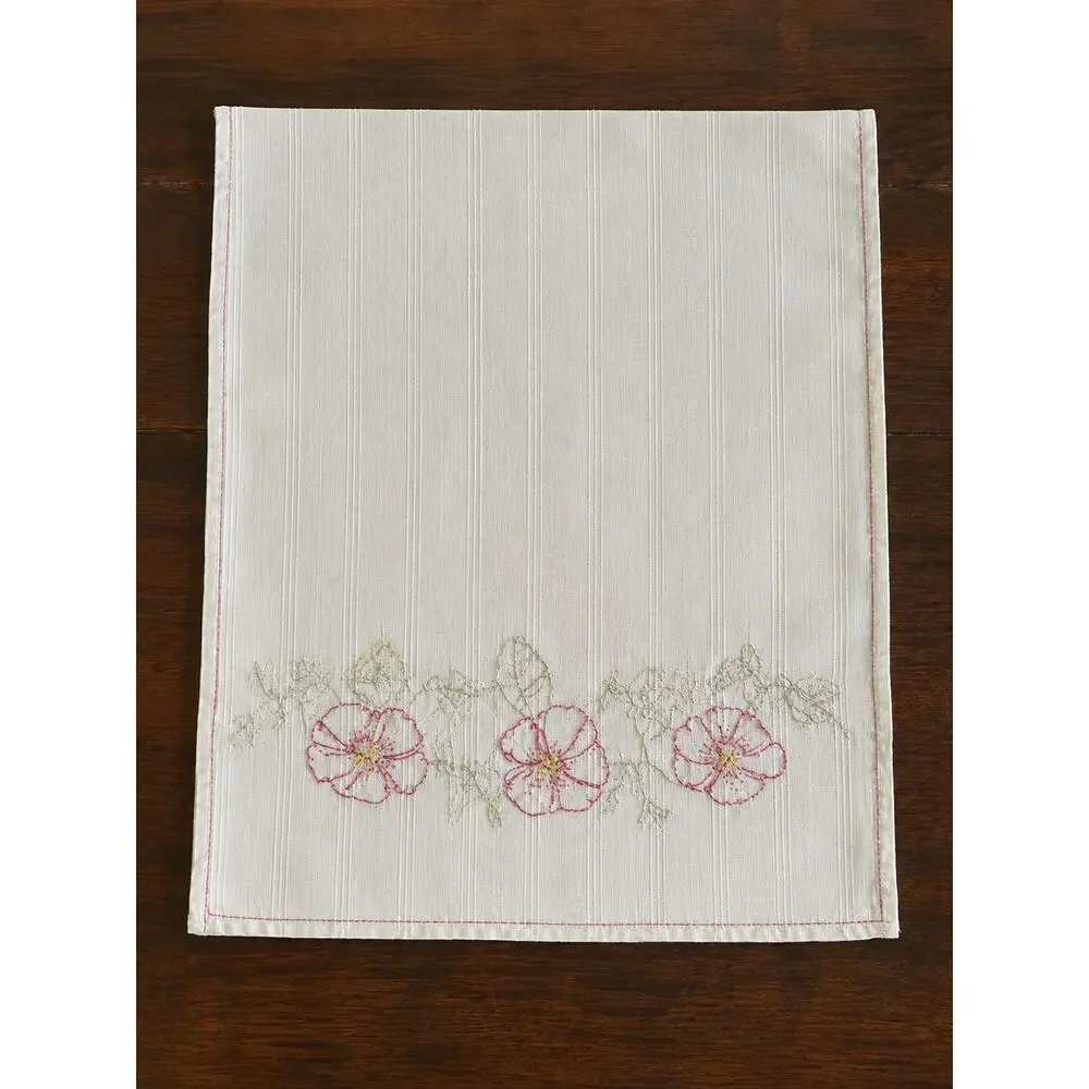 Vintage Embroidered Floral Table Runner White Red Flowers 47 x 17